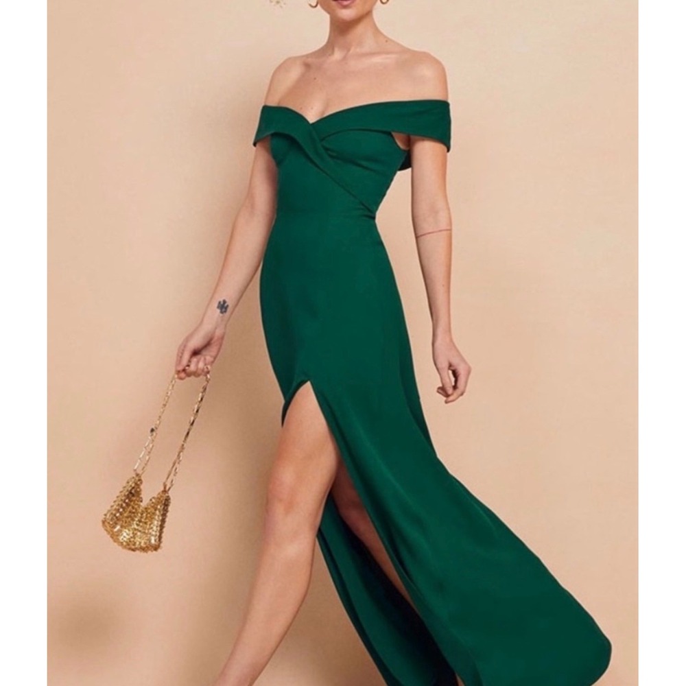 Reformation Emerald Green Reford Off The Shoulder Slit Maxi Dress‎ Size 10
